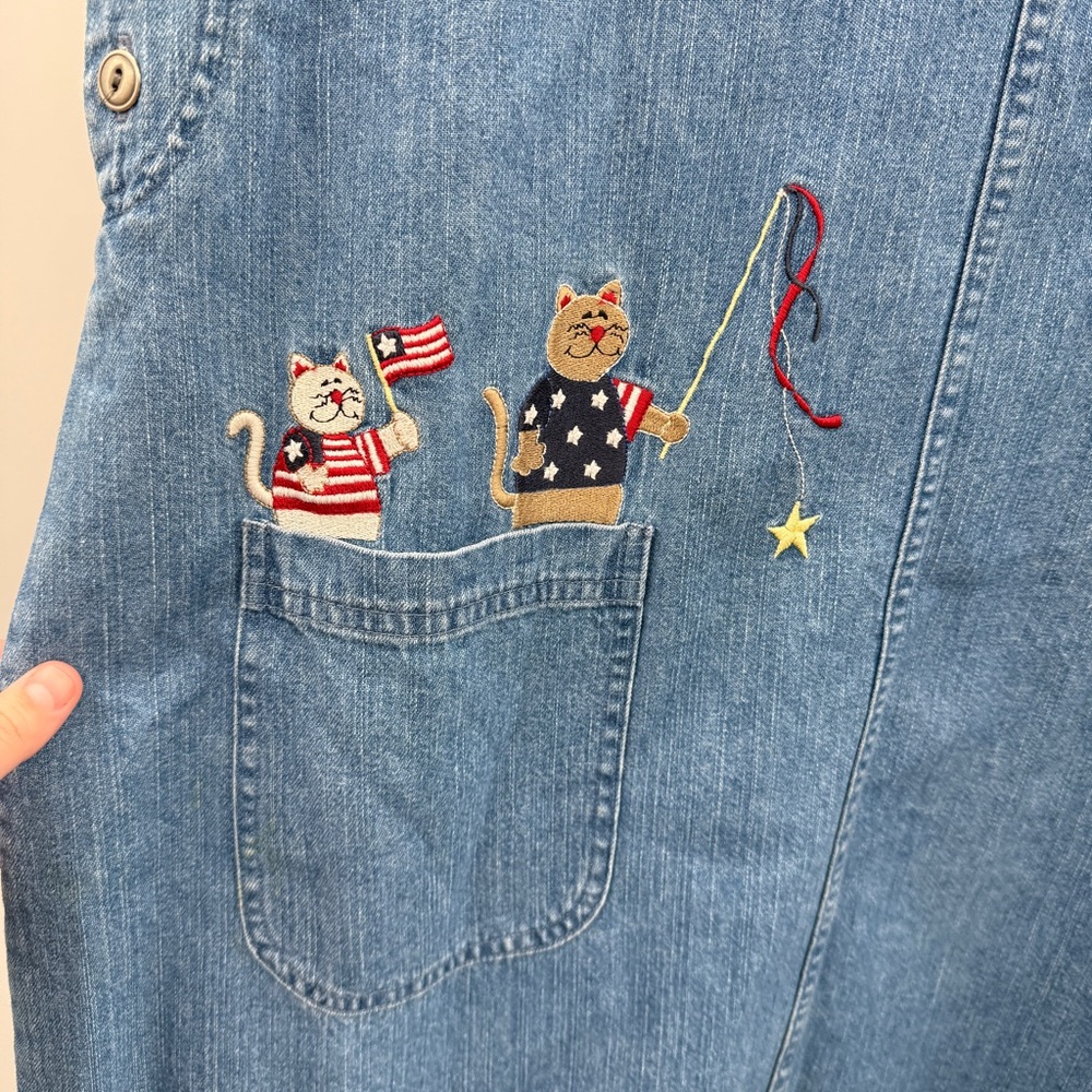 Christopher & Banks NWT Denim Jumper Dress‎ Women’s Size Large Cat Patriotic - Picture 2 of 7